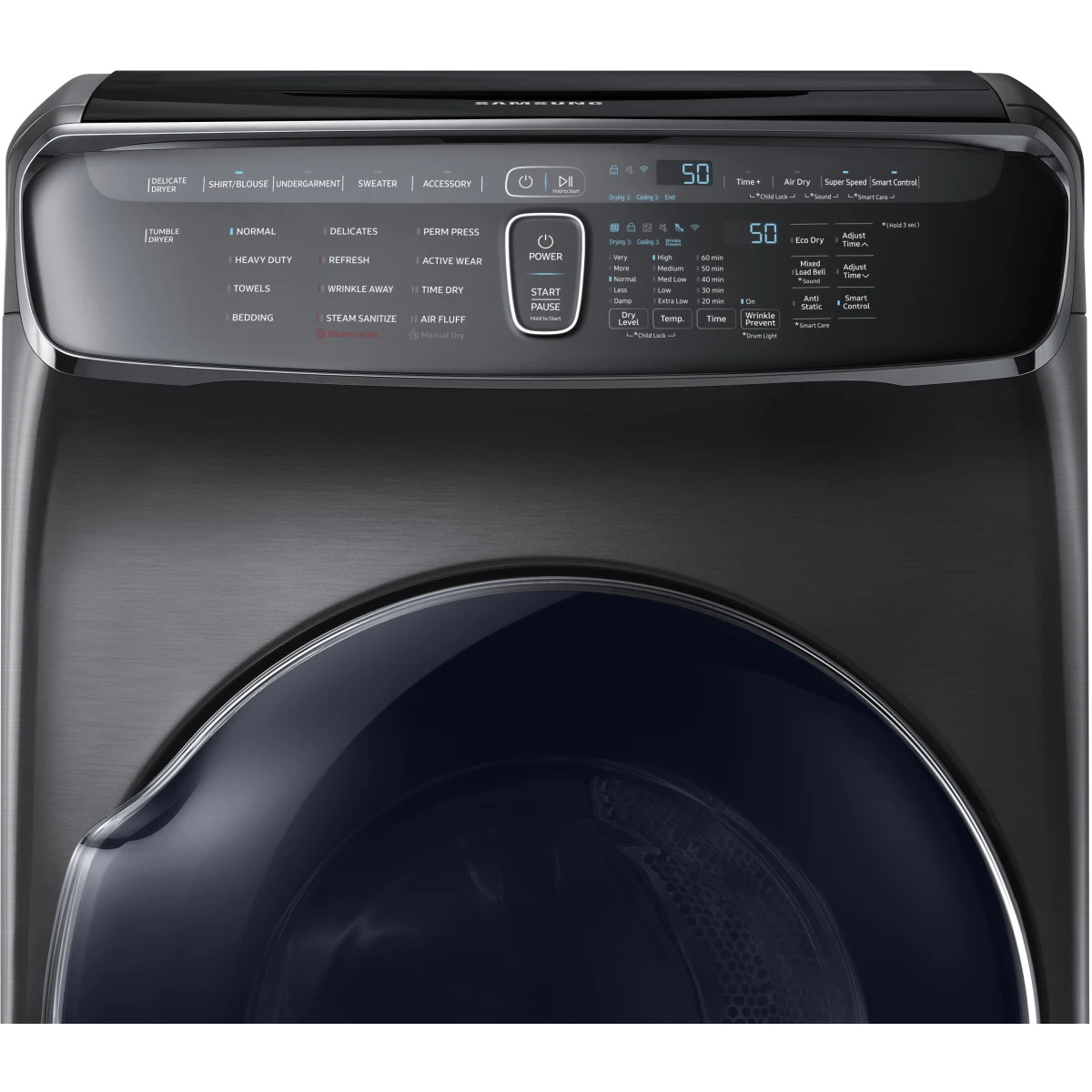 Samsung FlexWash - DVG60M9900V - 27 Inch Gas Smart Dryer with 7.5 cu. ft. Capacity, FlexDry™, 16 Dry Cycles, Multi-Steam™, Super Speed, Sensor Dry, Drying Rack, Wrinkle Prevent, Anti-Static Option and Smart Care: Black Stainless Steel
