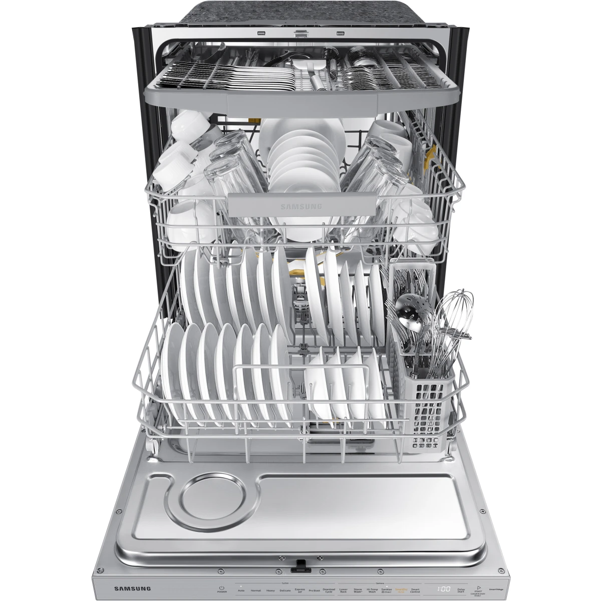 Samsung - DW80B7070US - 24 Inch Fully Integrated Smart Dishwasher with 15 Place Settings, StormWash+, Whisper Quiet 42dBA, Smart Dry, AutoRelease™ Door, FlexLoad™ Rack System, Wi-Fi Connectivity,