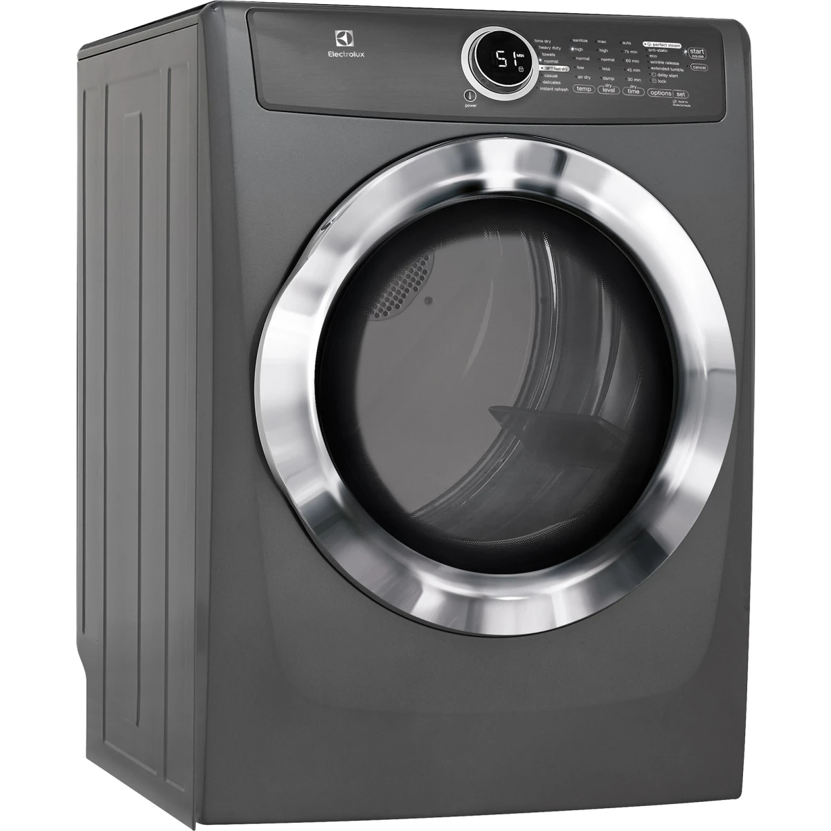 Electrolux - EFME617STT - 27 Inch 8.0 cu. ft. Electric Dryer with Moisture Sensor, Perfect Steam™, Instant Refresh, 9 Dry Cycles, 15 Min Fast Dry, Allergen Cycle, Extended Tumble, Luxury-Quiet Sound System and ENERGY STAR® Rated: Titanium