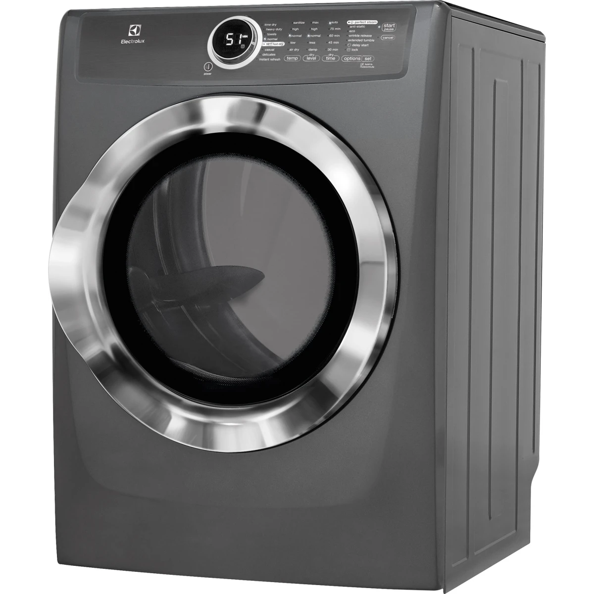 Electrolux - EFME617STT - 27 Inch 8.0 cu. ft. Electric Dryer with Moisture Sensor, Perfect Steam™, Instant Refresh, 9 Dry Cycles, 15 Min Fast Dry, Allergen Cycle, Extended Tumble, Luxury-Quiet Sound System and ENERGY STAR® Rated: Titanium