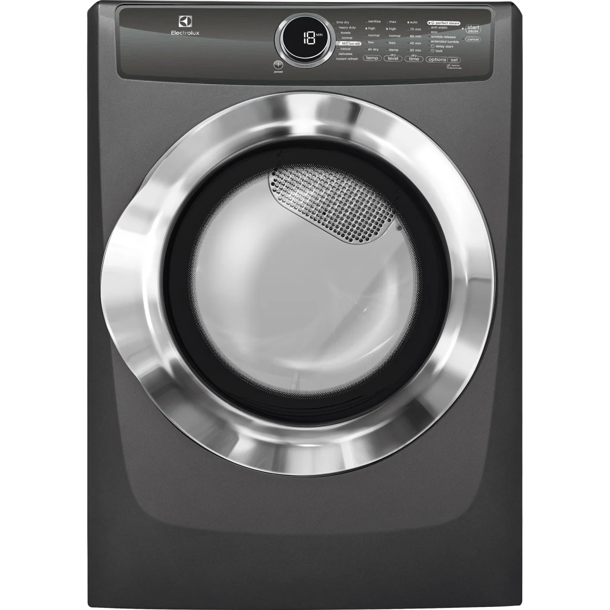 Electrolux - EFME617STT - 27 Inch 8.0 cu. ft. Electric Dryer with Moisture Sensor, Perfect Steam™, Instant Refresh, 9 Dry Cycles, 15 Min Fast Dry, Allergen Cycle, Extended Tumble, Luxury-Quiet Sound System and ENERGY STAR® Rated: Titanium