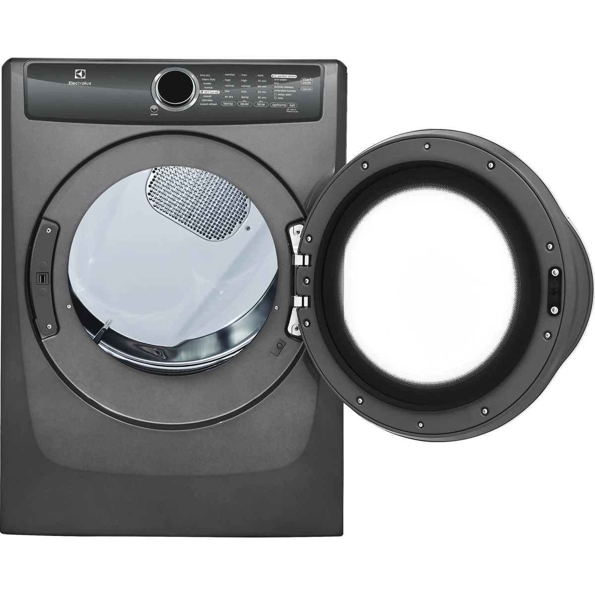 Electrolux - EFME617STT - 27 Inch 8.0 cu. ft. Electric Dryer with Moisture Sensor, Perfect Steam™, Instant Refresh, 9 Dry Cycles, 15 Min Fast Dry, Allergen Cycle, Extended Tumble, Luxury-Quiet Sound System and ENERGY STAR® Rated: Titanium