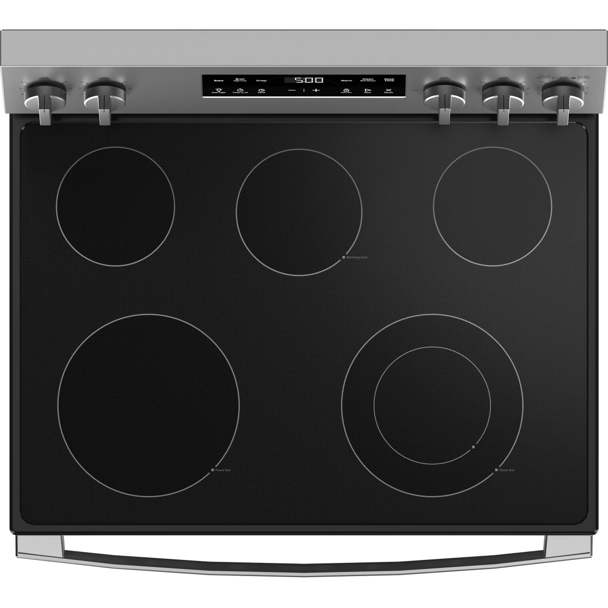 GE - 500 - Series  GRF500PVSS 30 Inch Freestanding Electric Range with 5 Smoothtop Elements, 5.3 cu. ft. Oven Capacity, Power Boil™ Burner, Warming Zone, Storage Drawer, Crisp Mode, Enhanced Shabbos Mode Built In, and Self & Steam Clean: Stainless Steel