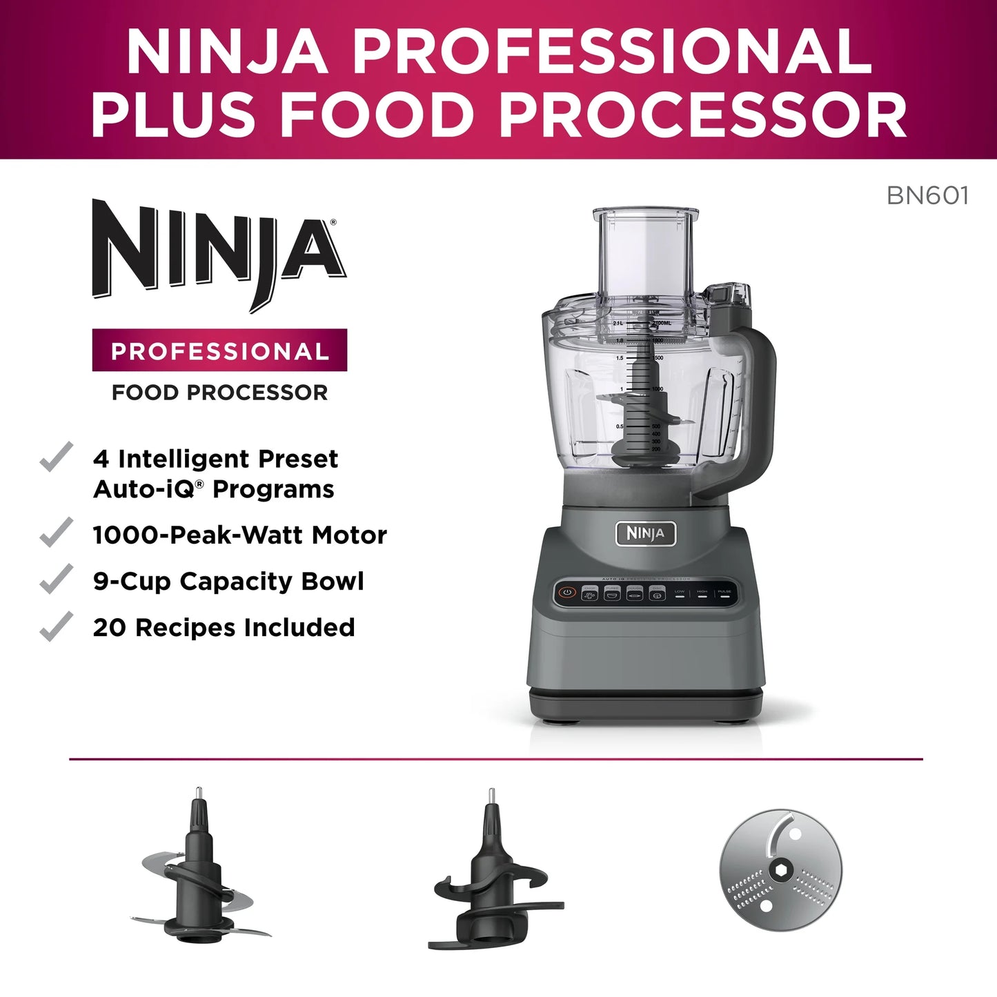 Ninja Professional - 9 Cup Food Processor, 1000 Watts, Auto-iQ 4 Presets, BN601 Silver