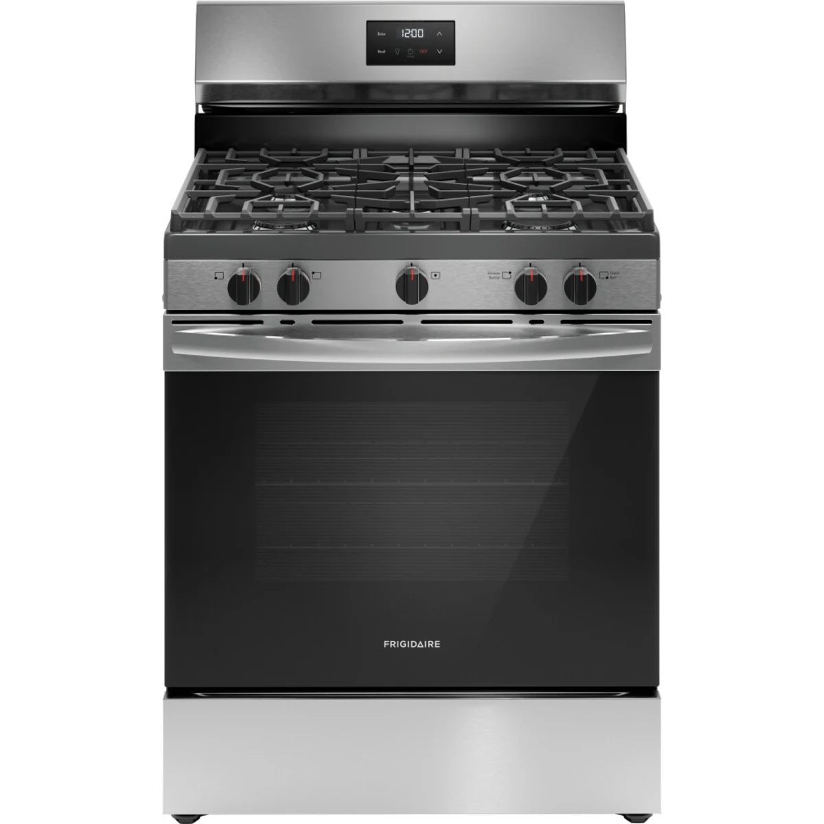 Frigidaire - FCRG3052BS - 30 Inch Freestanding Gas Range with 5 Sealed Burners, 5.1 cu. ft. Oven Capacity, Quick Boil Burner, Storage Drawer, Even Baking Technology, and Manual Clean: Stainless Steel