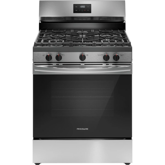 Frigidaire - FCRG3052BS - 30 Inch Freestanding Gas Range with 5 Sealed Burners, 5.1 cu. ft. Oven Capacity, Quick Boil Burner, Storage Drawer, Even Baking Technology, and Manual Clean: Stainless Steel