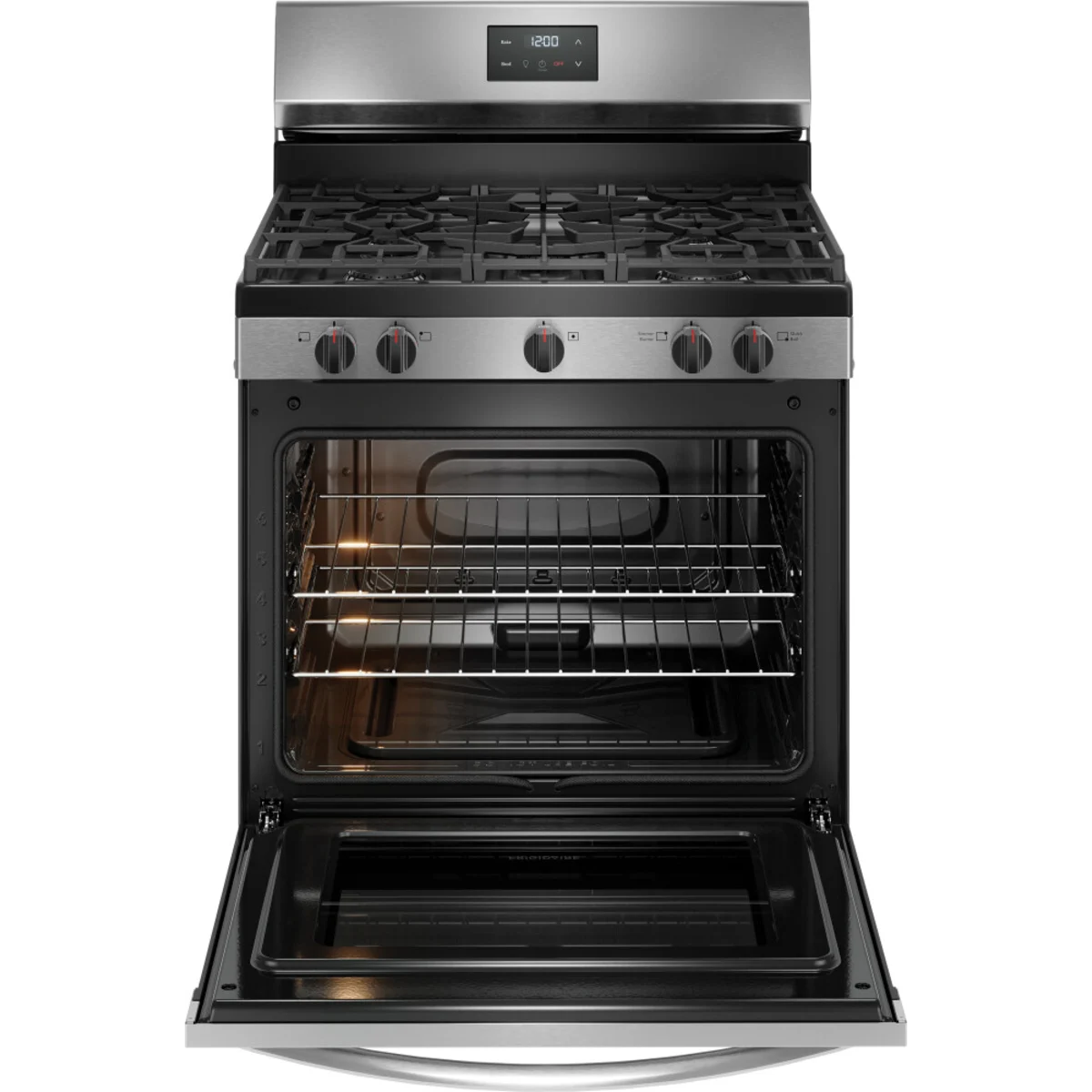 Frigidaire - FCRG3052BS - 30 Inch Freestanding Gas Range with 5 Sealed Burners, 5.1 cu. ft. Oven Capacity, Quick Boil Burner, Storage Drawer, Even Baking Technology, and Manual Clean: Stainless Steel