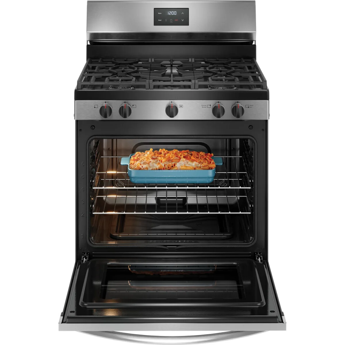 Frigidaire - FCRG3052BS - 30 Inch Freestanding Gas Range with 5 Sealed Burners, 5.1 cu. ft. Oven Capacity, Quick Boil Burner, Storage Drawer, Even Baking Technology, and Manual Clean: Stainless Steel