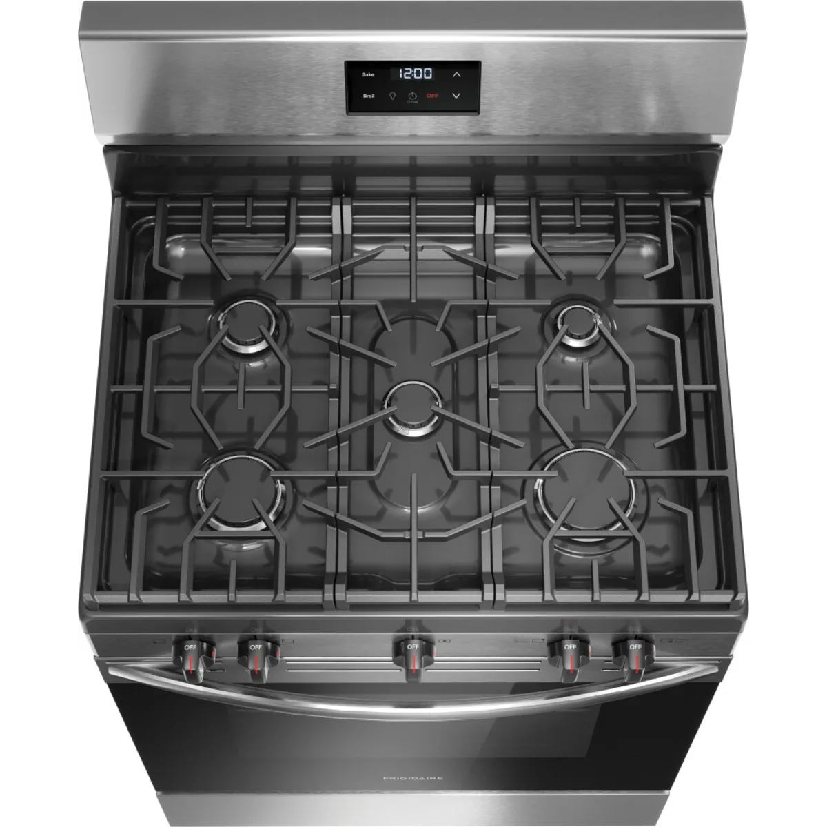 Frigidaire - FCRG3052BS - 30 Inch Freestanding Gas Range with 5 Sealed Burners, 5.1 cu. ft. Oven Capacity, Quick Boil Burner, Storage Drawer, Even Baking Technology, and Manual Clean: Stainless Steel
