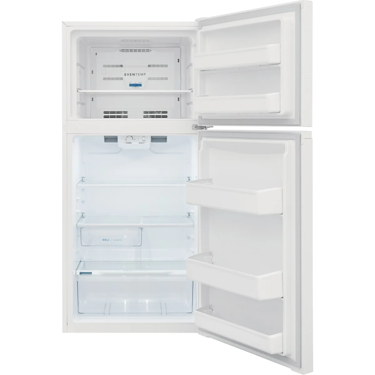 Frigidaire - FFTR1425VW - 28 Inch Top Freezer Refrigerator with 13.9 Cu. Ft. Capacity, EvenTemp Cooling System, Humidity-Controlled Crisper Drawer, Deli Drawer, Auto-Close Door, ADA Compliant, and ENERGY STAR Certified