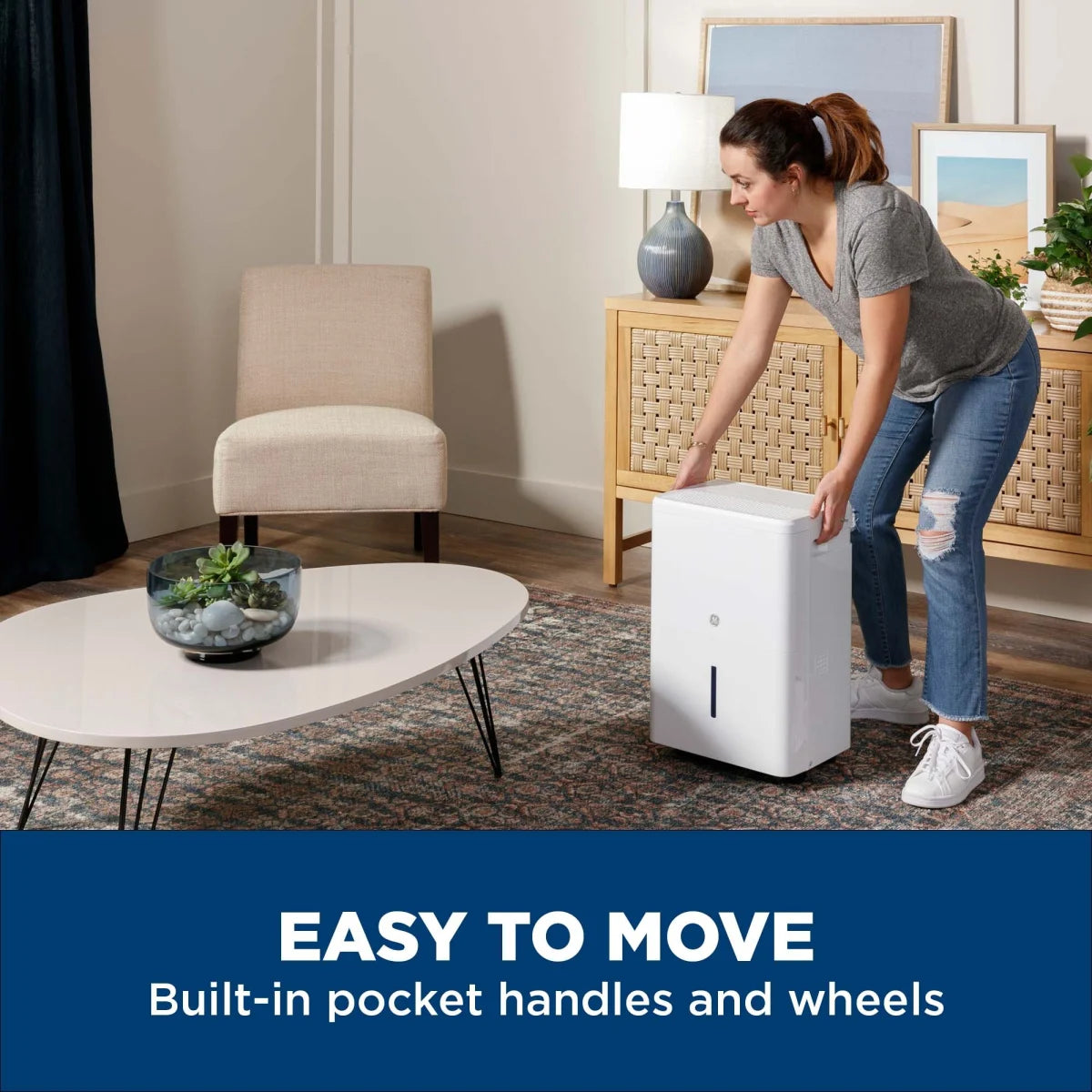 GE - ADHE50WWF - 50 Pint Capacity Portable Smart Dehumidifier with Three Fan Speeds, Digital LED Controls, WiFi, Smart Dry, Auto Restart, Auto Defrost, and Continuous Drain Option
