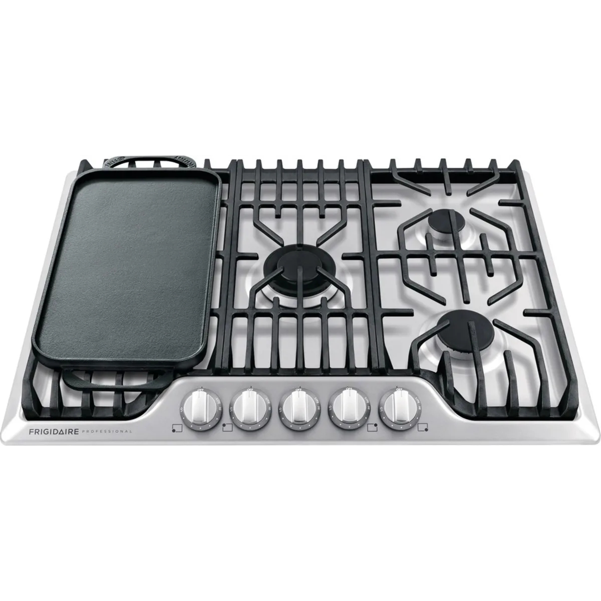 Frigidaire Professional Series - FPGC3077RS - Gas Cooktop with 5 Sealed Burners, Continuous Cast Iron Grates, 18,200 BTU PowerPlus™ Burner, PrecisionPro Control™ Knobs, Removable Griddle, and ADA Compliant Design: 30 Inch