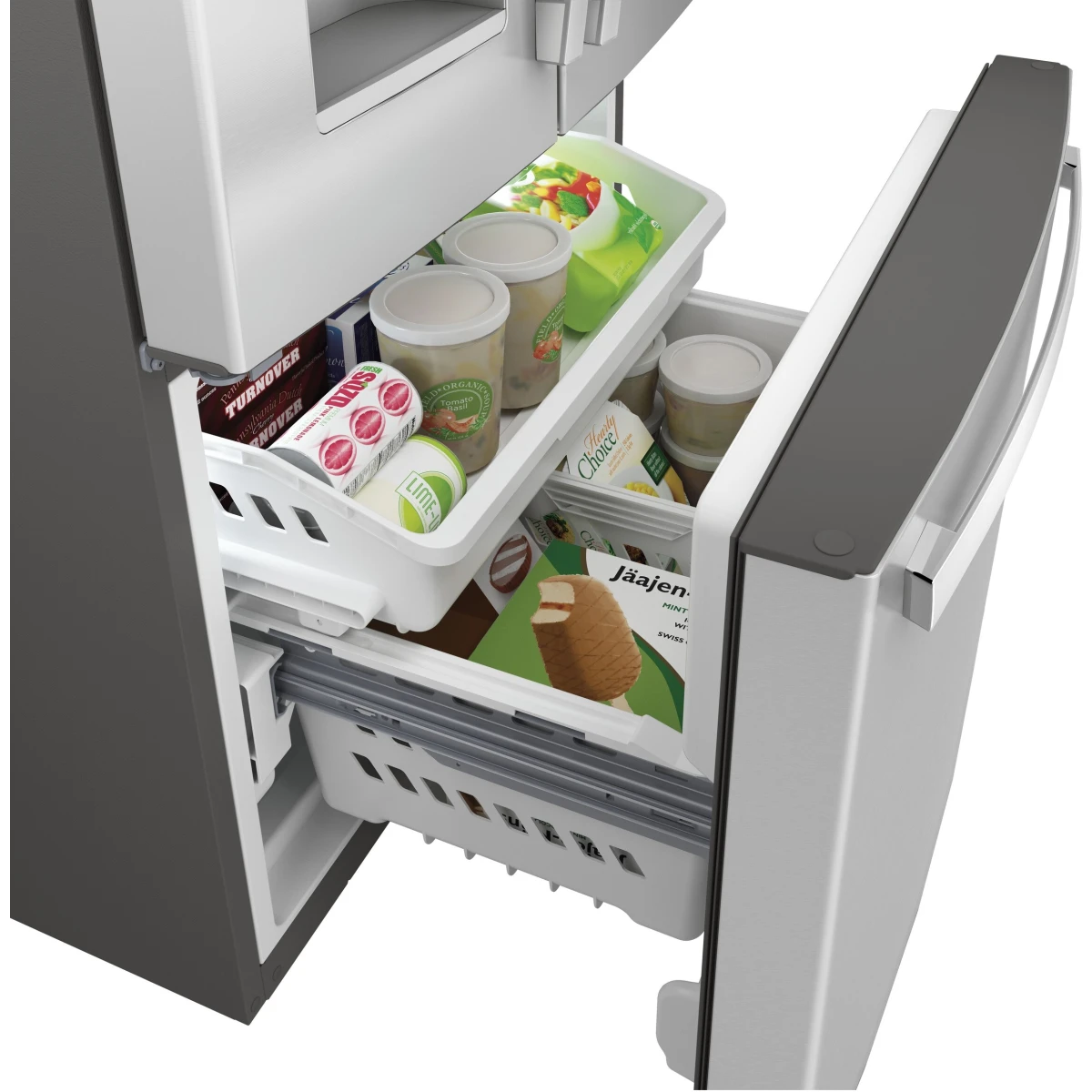 GE - GFE24JYKFS - 33 Inch French Door Refrigerator with 23.6 Cu. Ft. Capacity, Quick Space Shelf, Turbo Cool, LED Lighting, Enhanced Shabbos Mode Capable, External Ice/Water Dispenser, Water Filtration, ADA Compliant, and ENERGY STAR® Qualified