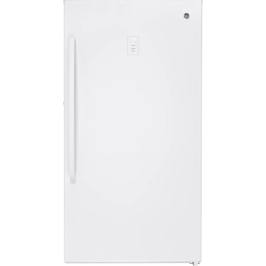 GE - FUF17DLRWW - 33 Inch Upright Freezer with Exterior Temperature Control, LED Lighting, Self-Ejecting Key, Adjustable Glass Shelves, 17.3 cu. ft. and Energy Star Rated