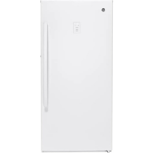 GE - FUF14SMRWW - 28 Inch Freestanding Upright Freezer with 14.1 cu. ft. Capacity, Turbo Freeze, Lock and Key, Audible Temperature Alarm, Electronic Temperature Control, Garage Ready and LED Interior Lighting