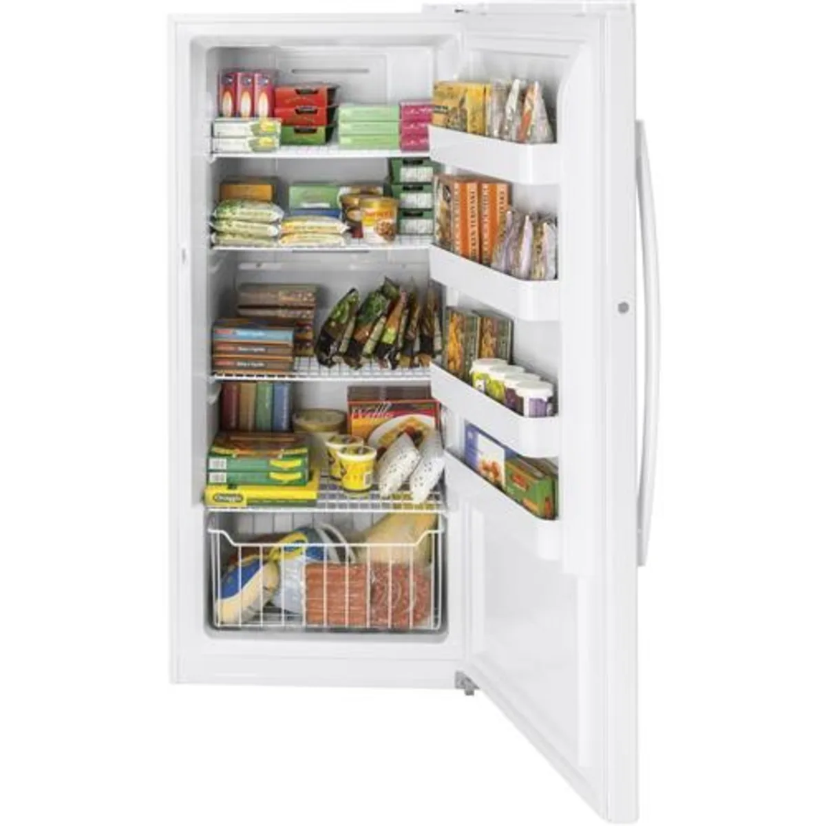 GE - FUF14SMRWW - 28 Inch Freestanding Upright Freezer with 14.1 cu. ft. Capacity, Turbo Freeze, Lock and Key, Audible Temperature Alarm, Electronic Temperature Control, Garage Ready and LED Interior Lighting