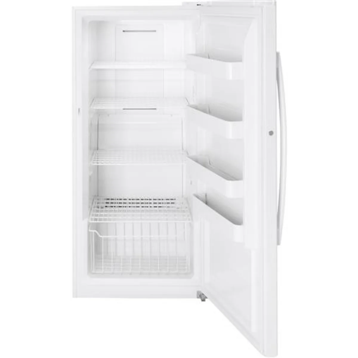 GE - FUF14SMRWW - 28 Inch Freestanding Upright Freezer with 14.1 cu. ft. Capacity, Turbo Freeze, Lock and Key, Audible Temperature Alarm, Electronic Temperature Control, Garage Ready and LED Interior Lighting