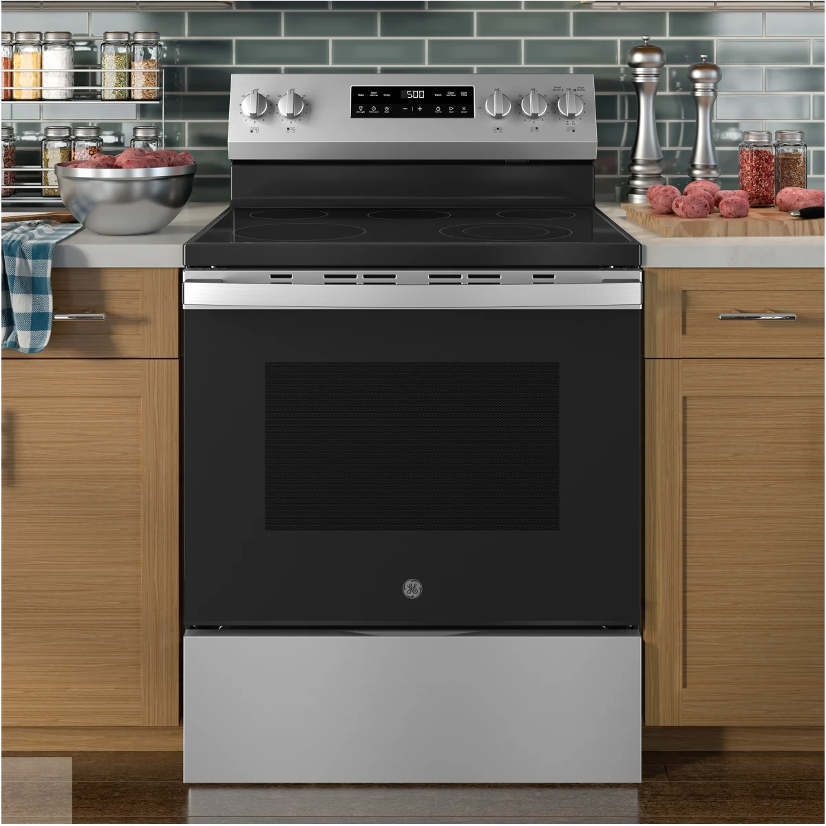 GE - 500 - Series  GRF500PVSS 30 Inch Freestanding Electric Range with 5 Smoothtop Elements, 5.3 cu. ft. Oven Capacity, Power Boil™ Burner, Warming Zone, Storage Drawer, Crisp Mode, Enhanced Shabbos Mode Built In, and Self & Steam Clean: Stainless Steel