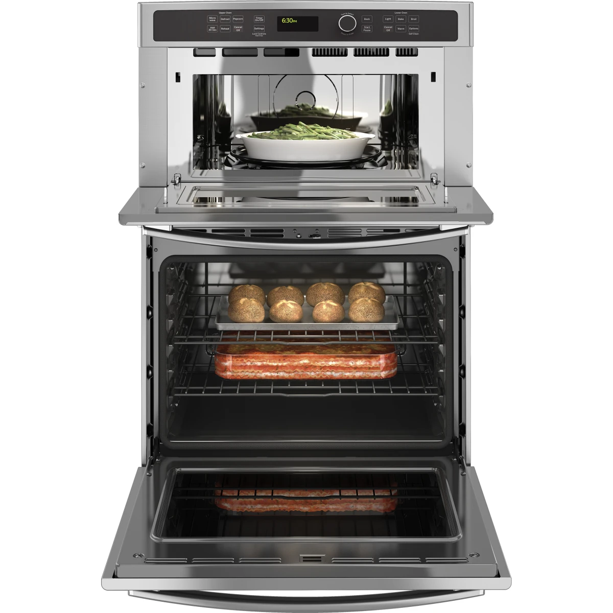 GE - JT3800SHSS - 30 Inch Combination Wall Oven with Sensor Cooking, Self-Clean with Steam, Eight-Pass Broil Element, Glass Touch Controls, 5.0 cu. ft. Oven Capacity, 1.7 cu. ft. Microwave Capacity, and GE Fits! Guarantee: Stainless Steel