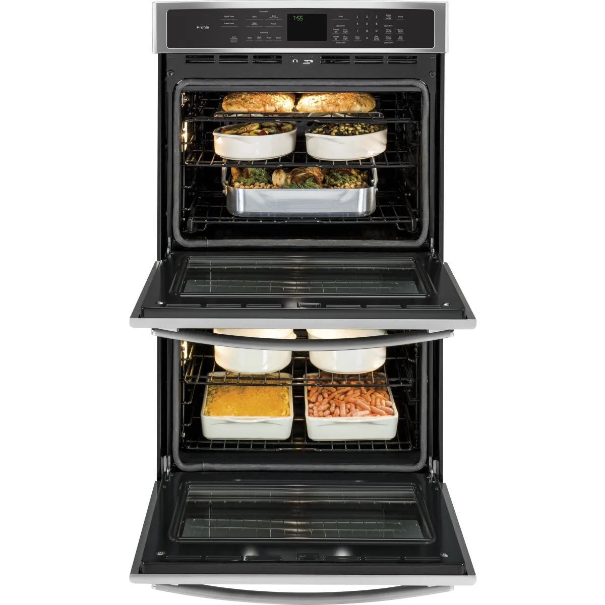 GE Profile - PT7550SFSS - 30 Inch Double Electric Wall Oven with True Convection, Meat Probe, Steam Clean, Ten-Pass Bake Element, Heavy-Duty Roller Rack, Glass Touch Controls, 10 Total cu. ft. Capacity