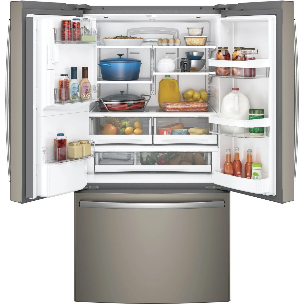 GE -  GFE28GMKES - 36 Inch French Door Refrigerator with 27.7 Cu. Ft. Capacity, TwinChill™, Turbo Cool/Freeze, Showcase LED, Enhanced Shabbos Mode, Ice Maker, Ice & Water Dispenser, Advanced Filtration, ADA Compliant