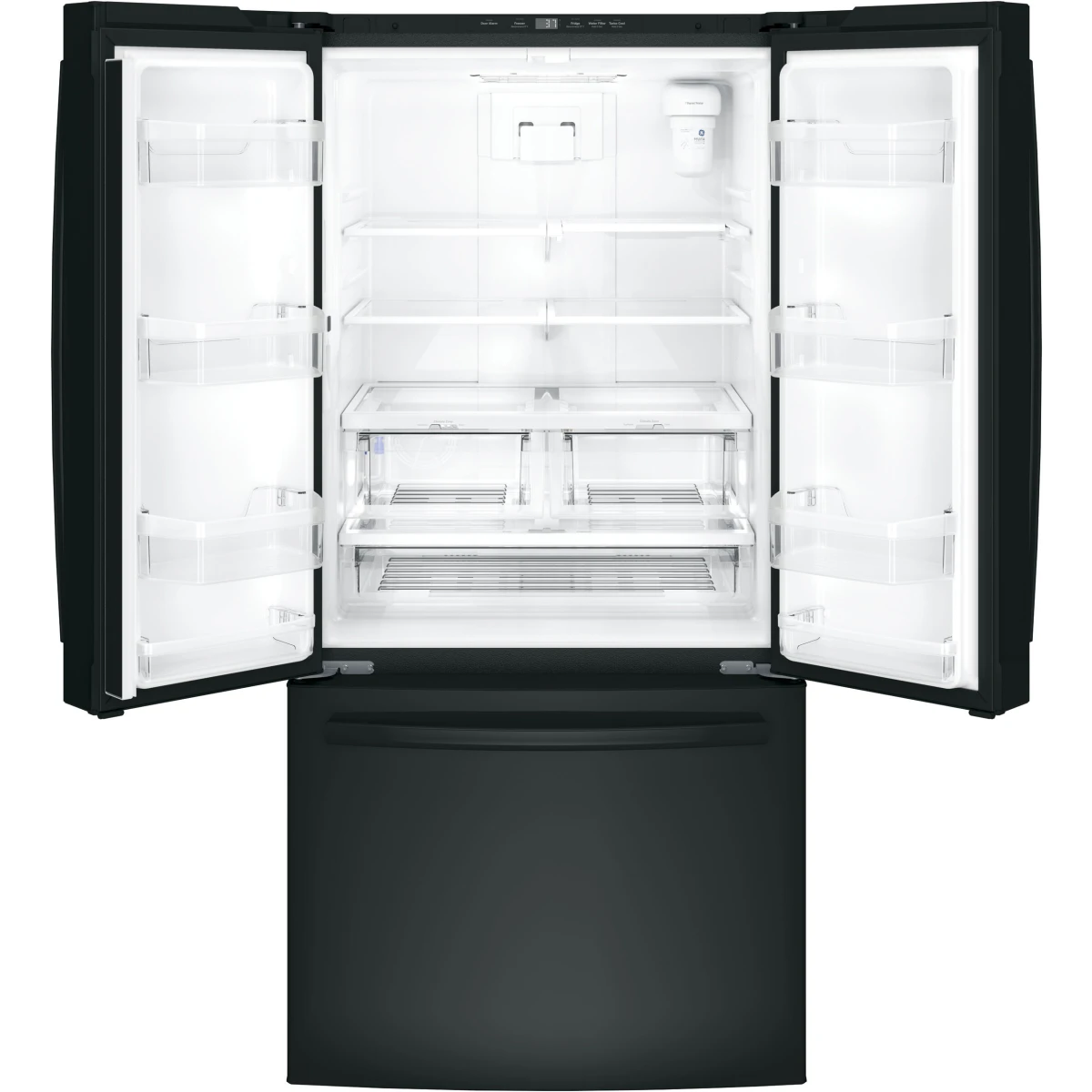 GE - GNE25JGKBB - 33 Inch French Door Refrigerator with 24.7 Cu. Ft. Capacity, Quick Space Shelf, Turbo Cool, LED Lighting, Icemaker, Enhanced Shabbos Mode Capable, Internal Water Dispenser, Water Filtration, and ENERGY STAR® Qualified: Black