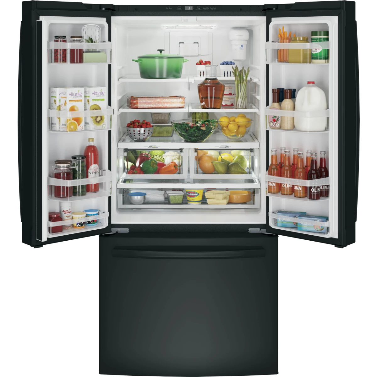GE - GNE25JGKBB - 33 Inch French Door Refrigerator with 24.7 Cu. Ft. Capacity, Quick Space Shelf, Turbo Cool, LED Lighting, Icemaker, Enhanced Shabbos Mode Capable, Internal Water Dispenser, Water Filtration, and ENERGY STAR® Qualified: Black