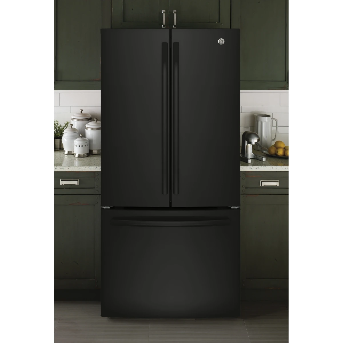 GE - GNE25JGKBB - 33 Inch French Door Refrigerator with 24.7 Cu. Ft. Capacity, Quick Space Shelf, Turbo Cool, LED Lighting, Icemaker, Enhanced Shabbos Mode Capable, Internal Water Dispenser, Water Filtration, and ENERGY STAR® Qualified: Black