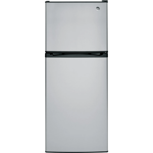 GE - GPE12FSKSB - 24 Inch Top-Freezer Refrigerator with 11.6 cu. ft. Capacity, LED Interior Lighting, Electronic Temperature Controls, 2 Shelves, 2 Drawers, 3 Door Bins, ADA Compliant and Energy Star Qualified: Stainless Steel