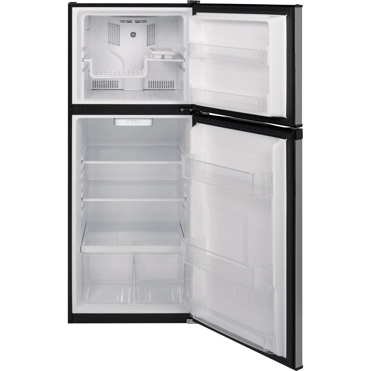 GE - GPE12FSKSB - 24 Inch Top-Freezer Refrigerator with 11.6 cu. ft. Capacity, LED Interior Lighting, Electronic Temperature Controls, 2 Shelves, 2 Drawers, 3 Door Bins, ADA Compliant and Energy Star Qualified: Stainless Steel