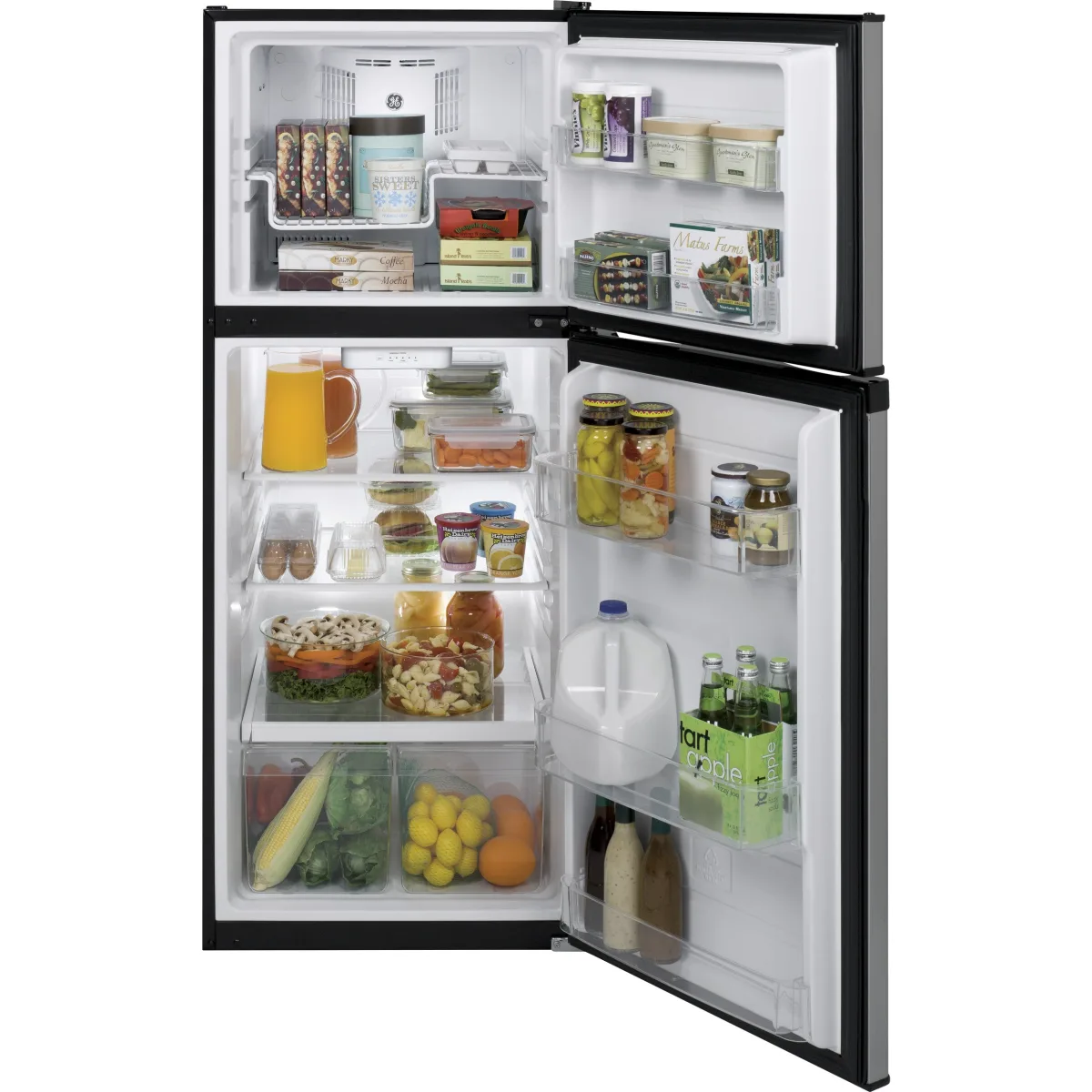 GE - GPE12FSKSB - 24 Inch Top-Freezer Refrigerator with 11.6 cu. ft. Capacity, LED Interior Lighting, Electronic Temperature Controls, 2 Shelves, 2 Drawers, 3 Door Bins, ADA Compliant and Energy Star Qualified: Stainless Steel