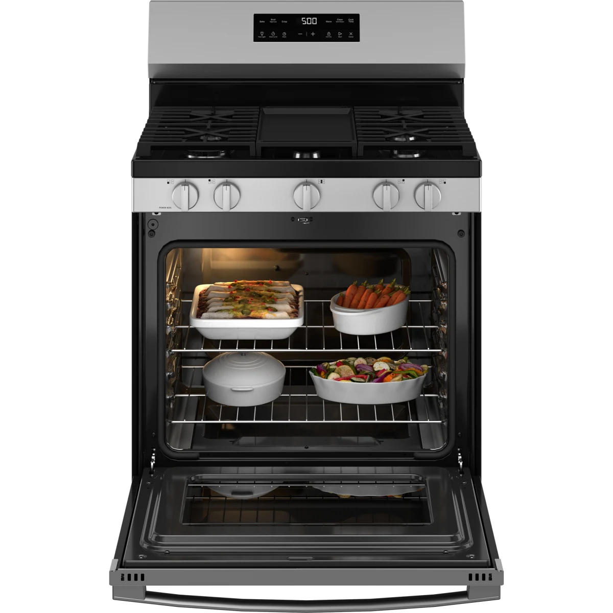 GE 500 Series - GGF500PVSS - 30 Inch Freestanding Gas Range with 5 Sealed Burners, 5.3 cu. ft. Oven Capacity, Power Boil™ Burner, Griddle, Storage Drawer, Express Preheat, Enhanced Shabbos Mode, and Self & Steam Clean: Stainless Steel