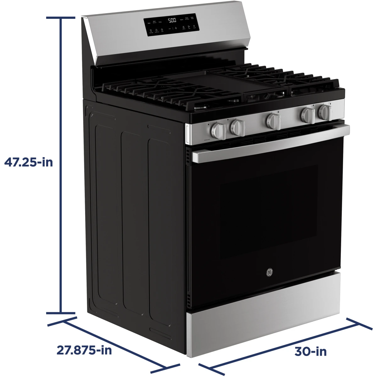 GE 500 Series - GGF500PVSS - 30 Inch Freestanding Gas Range with 5 Sealed Burners, 5.3 cu. ft. Oven Capacity, Power Boil™ Burner, Griddle, Storage Drawer, Express Preheat, Enhanced Shabbos Mode, and Self & Steam Clean: Stainless Steel