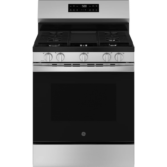 GE 500 Series - GGF500PVSS - 30 Inch Freestanding Gas Range with 5 Sealed Burners, 5.3 cu. ft. Oven Capacity, Power Boil™ Burner, Griddle, Storage Drawer, Express Preheat, Enhanced Shabbos Mode, and Self & Steam Clean: Stainless Steel