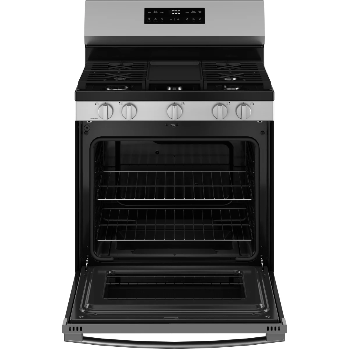 GE 500 Series - GGF500PVSS - 30 Inch Freestanding Gas Range with 5 Sealed Burners, 5.3 cu. ft. Oven Capacity, Power Boil™ Burner, Griddle, Storage Drawer, Express Preheat, Enhanced Shabbos Mode, and Self & Steam Clean: Stainless Steel