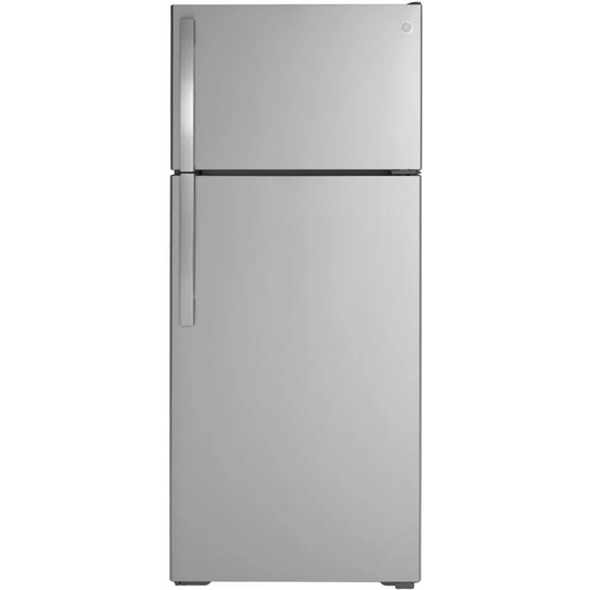GE - GIE18GSNRSS - 28 Inch Top Freezer Refrigerator with 17.5 Cu. Ft. Capacity, Reversible Hinges, Gallon Door Shelves, Adjustable Full-Width Glass Shelves, Ice Maker, Deli Drawer, Sabbath Mode, and Energy Star Certified: Stainless Steel