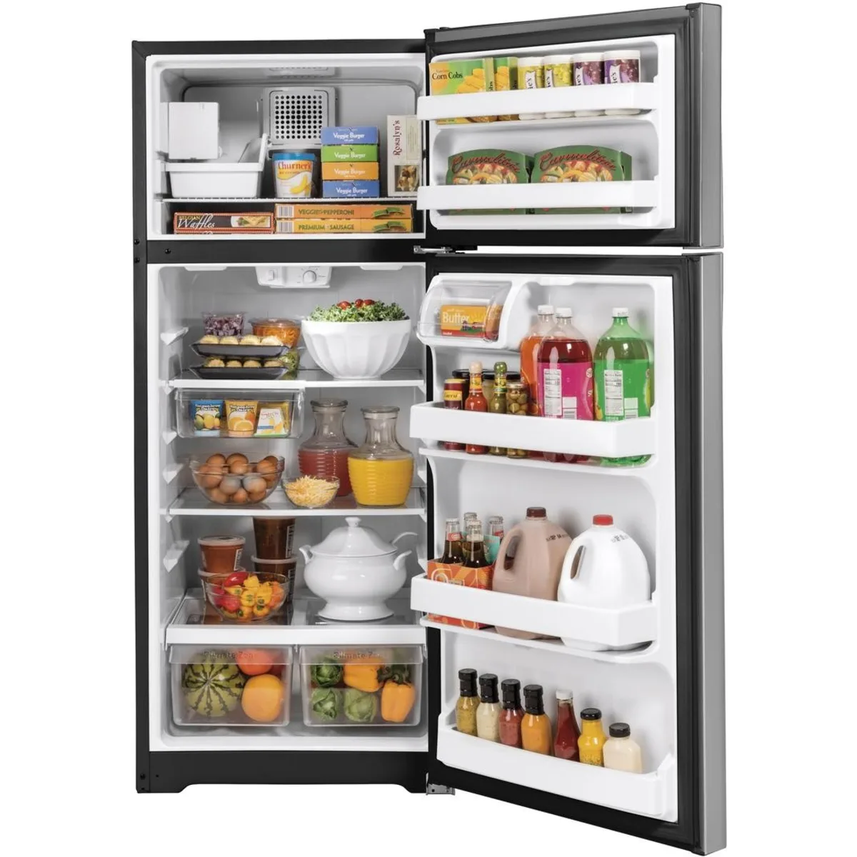 GE - GIE18GSNRSS - 28 Inch Top Freezer Refrigerator with 17.5 Cu. Ft. Capacity, Reversible Hinges, Gallon Door Shelves, Adjustable Full-Width Glass Shelves, Ice Maker, Deli Drawer, Sabbath Mode, and Energy Star Certified: Stainless Steel