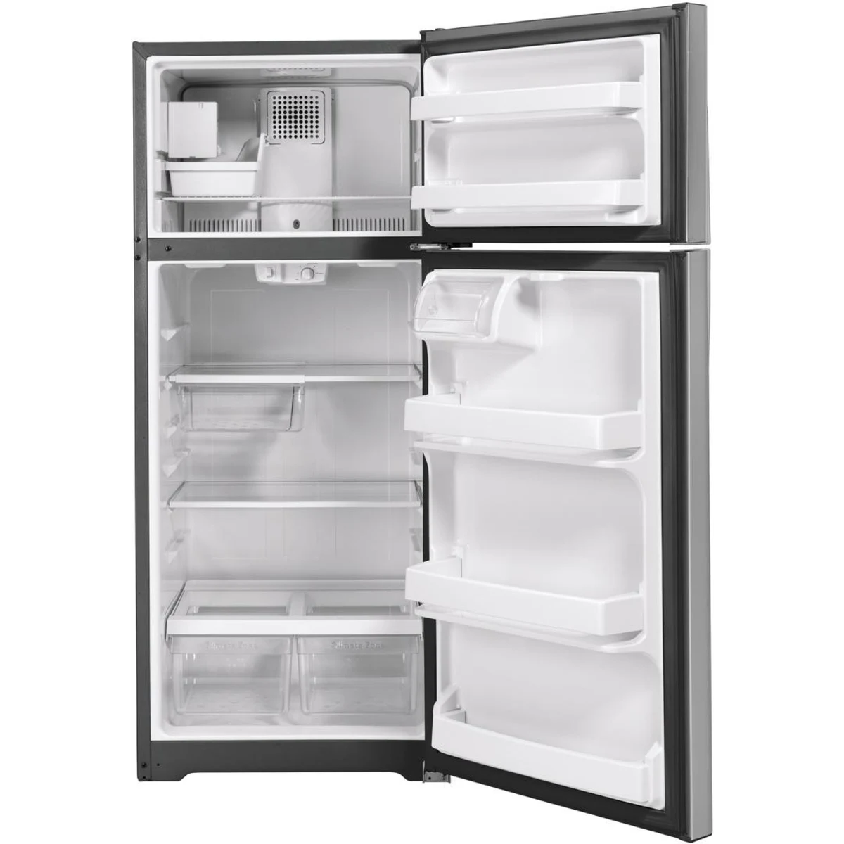 GE - GIE18GSNRSS - 28 Inch Top Freezer Refrigerator with 17.5 Cu. Ft. Capacity, Reversible Hinges, Gallon Door Shelves, Adjustable Full-Width Glass Shelves, Ice Maker, Deli Drawer, Sabbath Mode, and Energy Star Certified: Stainless Steel