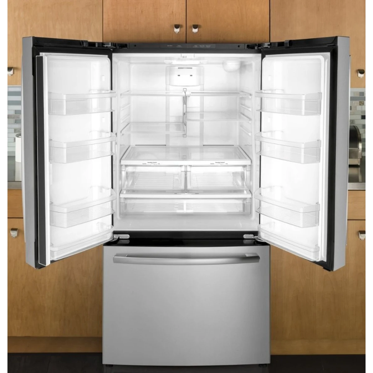 GE - GNE27JYMFS - 36 Inch French Door Refrigerator with 27 cu. ft. Capacity, Quick Space Shelf, Deli Drawer, LED Lighting, Ice Maker, Enhanced Shabbos Mode Capable, Internal Water Dispenser, and ENERGY STAR® Qualified