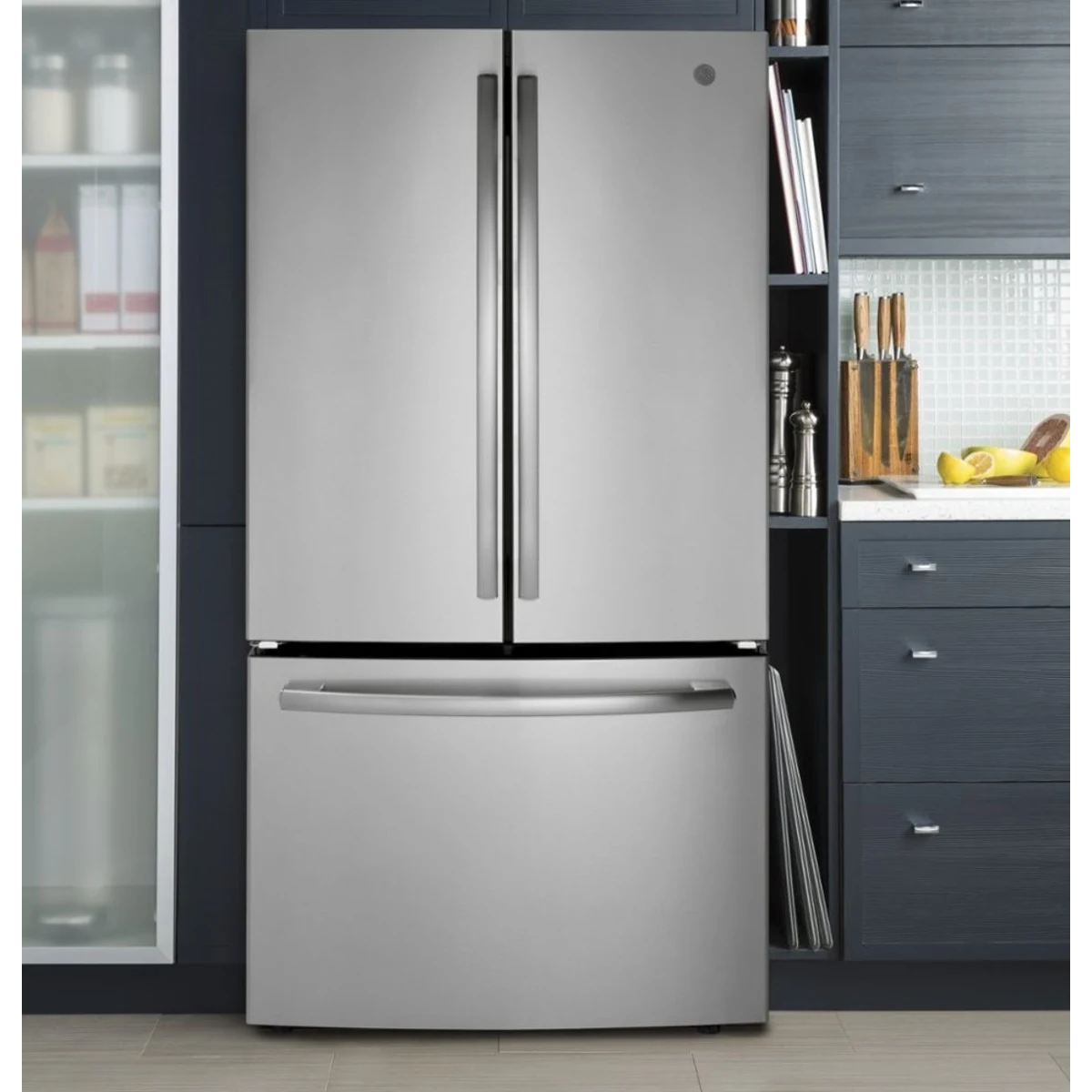 GE - GNE27JYMFS - 36 Inch French Door Refrigerator with 27 cu. ft. Capacity, Quick Space Shelf, Deli Drawer, LED Lighting, Ice Maker, Enhanced Shabbos Mode Capable, Internal Water Dispenser, and ENERGY STAR® Qualified
