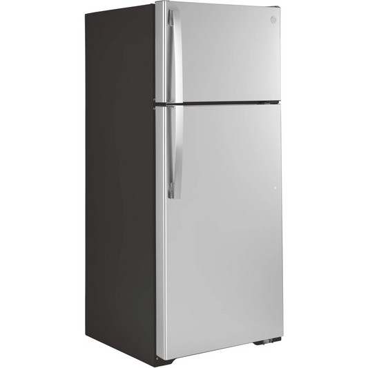 GE - GTS18HYNRFS - 28 Inch Top Freezer Refrigerator with 17.5 Cu. Ft. Capacity, Edge-To-Edge Glass Shelves, Sliding Deli Drawer, Gallon Door Bin, Dairy Compartment, LED Lighting, Upfront Temperature Controls, Sabbath Mode, Frost Free, and Icemaker-Ready