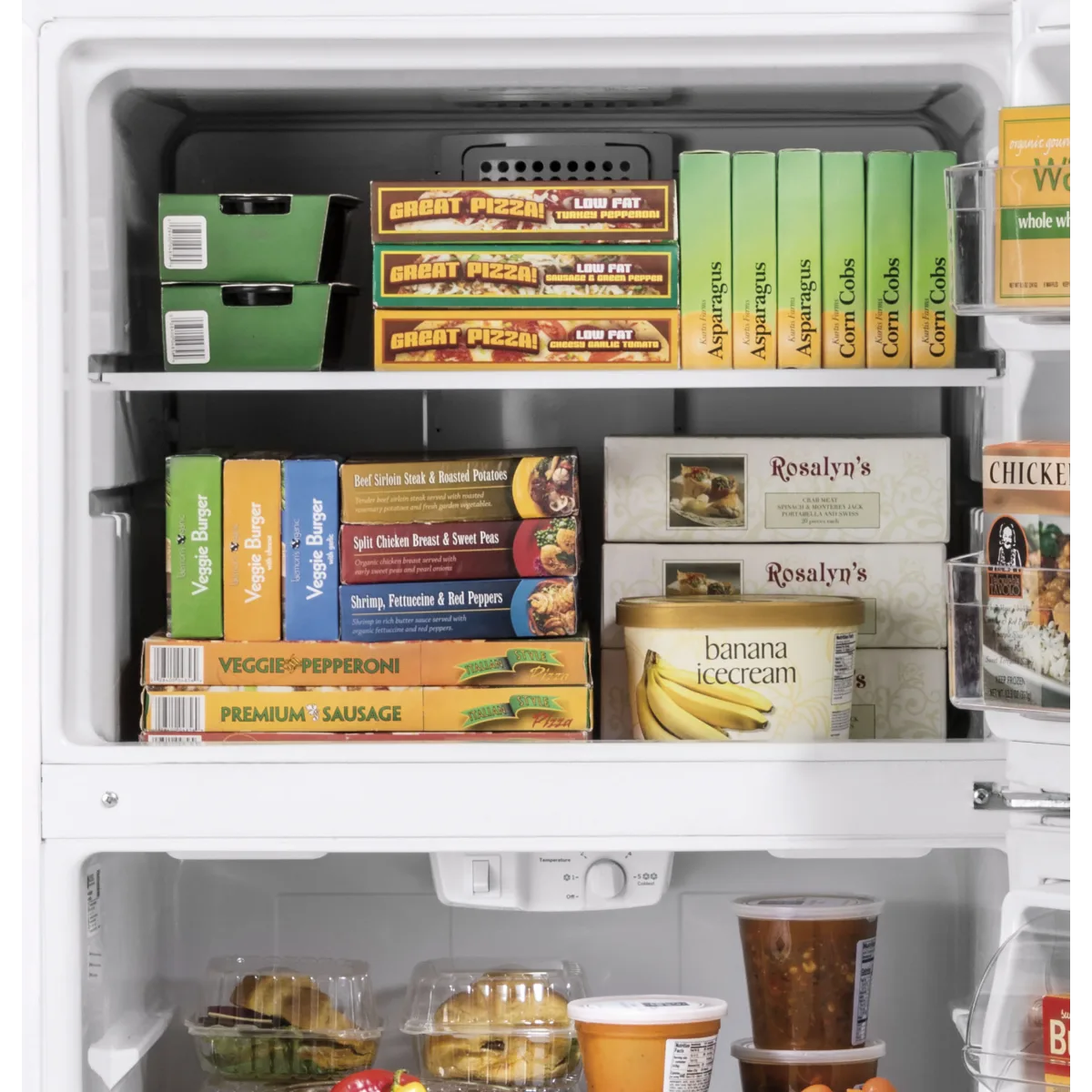 GE - GTS18HYNRFS - 28 Inch Top Freezer Refrigerator with 17.5 Cu. Ft. Capacity, Edge-To-Edge Glass Shelves, Sliding Deli Drawer, Gallon Door Bin, Dairy Compartment, LED Lighting, Upfront Temperature Controls, Sabbath Mode, Frost Free, and Icemaker-Ready