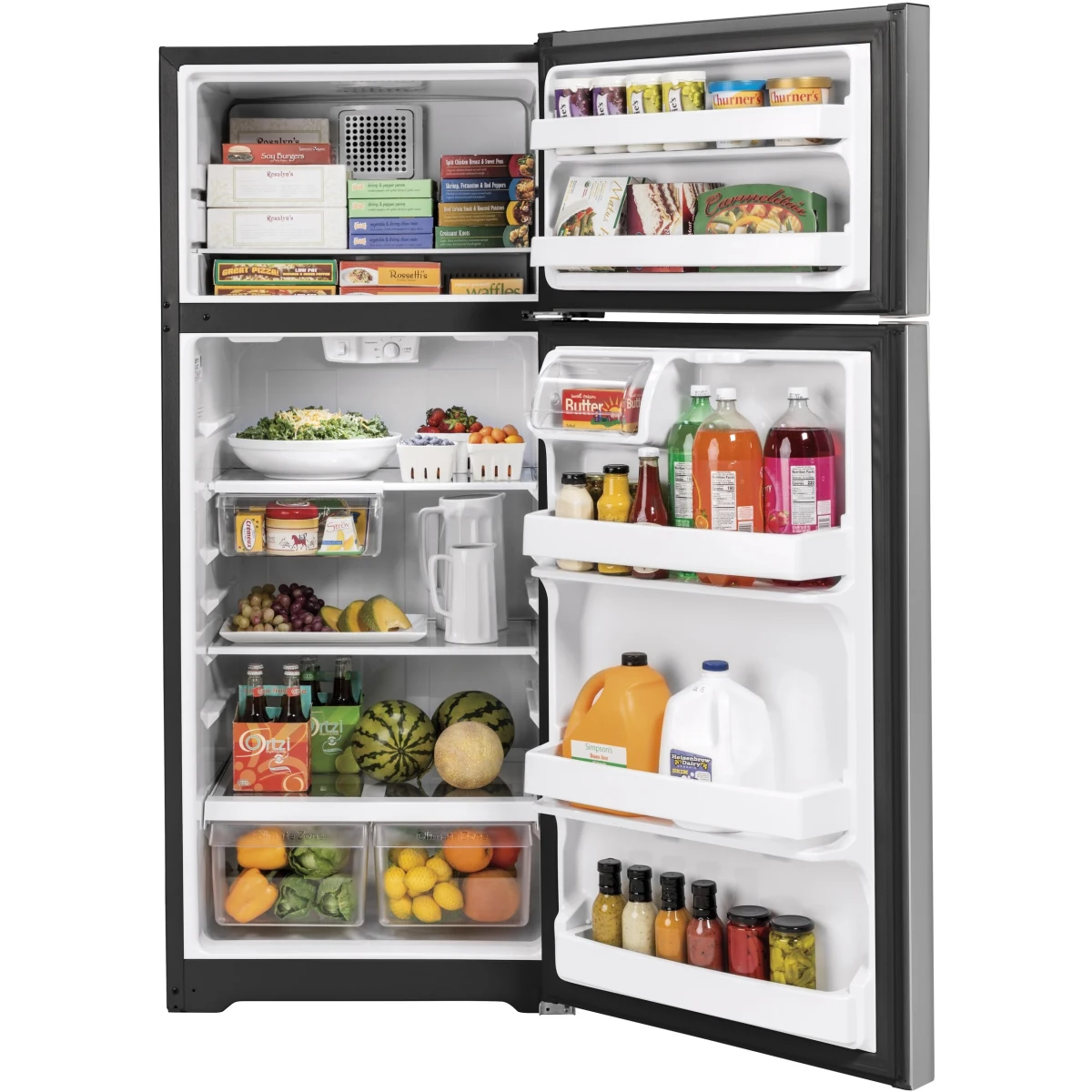 GE - GTS18HYNRFS - 28 Inch Top Freezer Refrigerator with 17.5 Cu. Ft. Capacity, Edge-To-Edge Glass Shelves, Sliding Deli Drawer, Gallon Door Bin, Dairy Compartment, LED Lighting, Upfront Temperature Controls, Sabbath Mode, Frost Free, and Icemaker-Ready