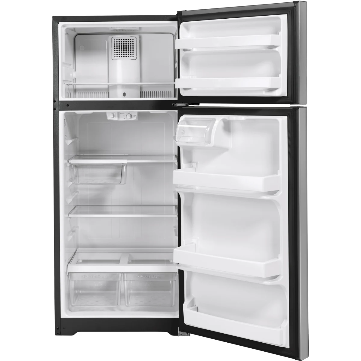 GE - GTS18HYNRFS - 28 Inch Top Freezer Refrigerator with 17.5 Cu. Ft. Capacity, Edge-To-Edge Glass Shelves, Sliding Deli Drawer, Gallon Door Bin, Dairy Compartment, LED Lighting, Upfront Temperature Controls, Sabbath Mode, Frost Free, and Icemaker-Ready
