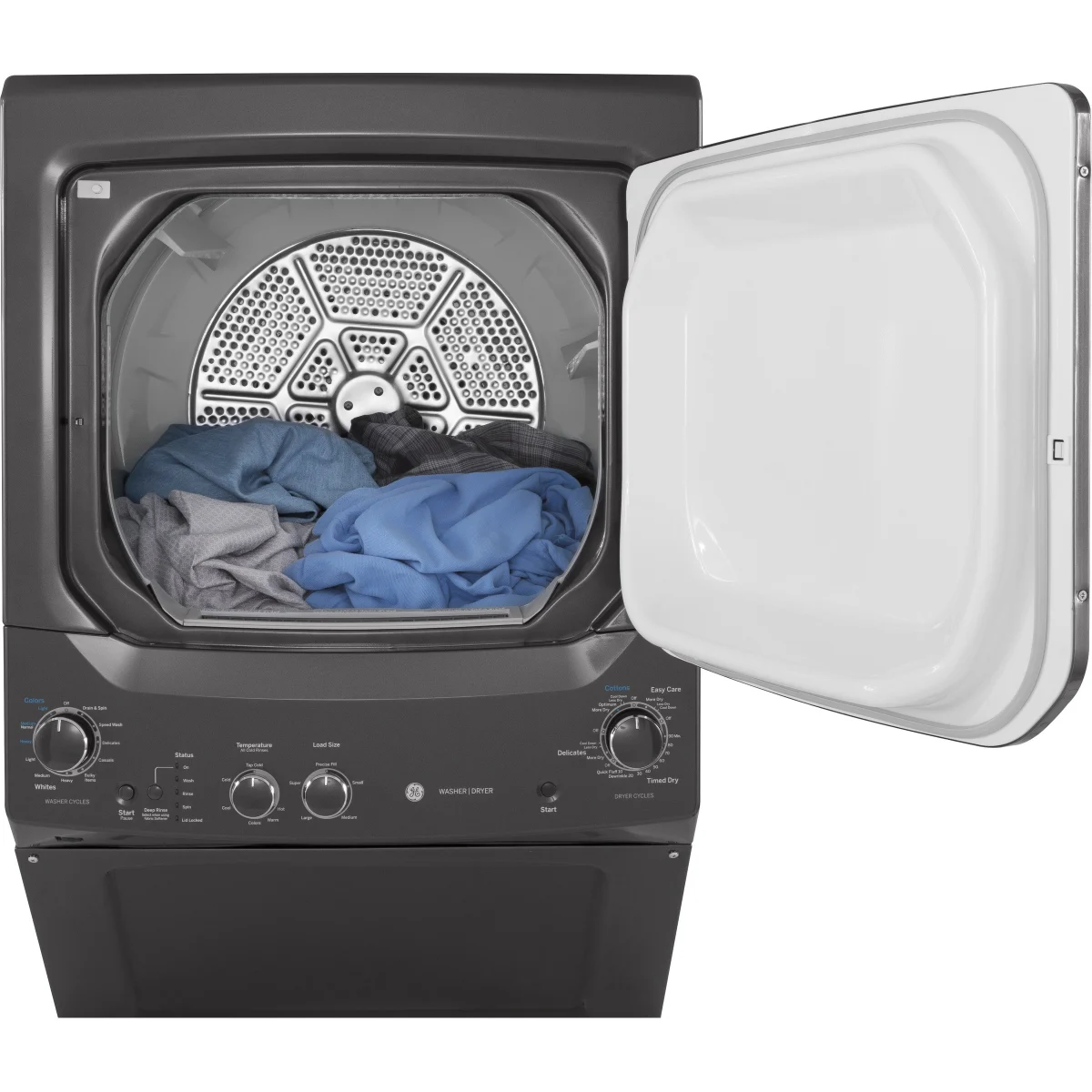 GE Spacemaker - GUD27ESPMDG - 27 Inch Electric Laundry Center with Auto-load Sensing, Cycle Status Lights, Rotary Controls, 11 Wash Cycles, 6 Wash/Rinse Temperatures and 800 RPM: Black