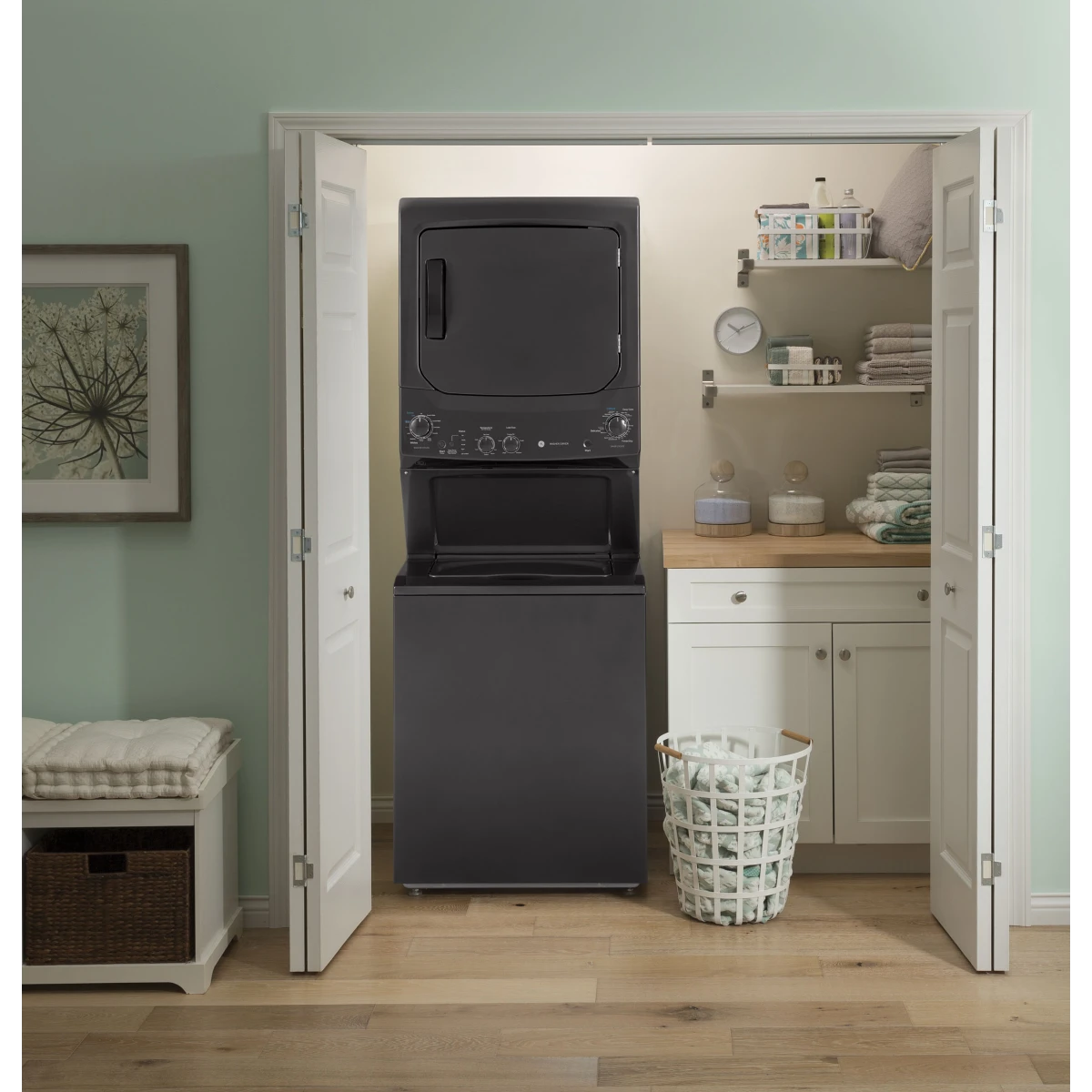 GE Spacemaker - GUD27ESPMDG - 27 Inch Electric Laundry Center with Auto-load Sensing, Cycle Status Lights, Rotary Controls, 11 Wash Cycles, 6 Wash/Rinse Temperatures and 800 RPM: Black