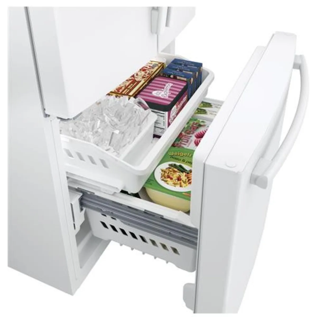 GE - GWE19JGLWW - 33 Inch Counter Depth French Door Refrigerator with 18.6 cu. ft. Capacity, Spill-Proof Shelves, Humidity-Controlled Drawers, Quick Space Shelf, Shabbos Mode, Icemaker, Internal Water Dispenser, Advanced Water Filtration