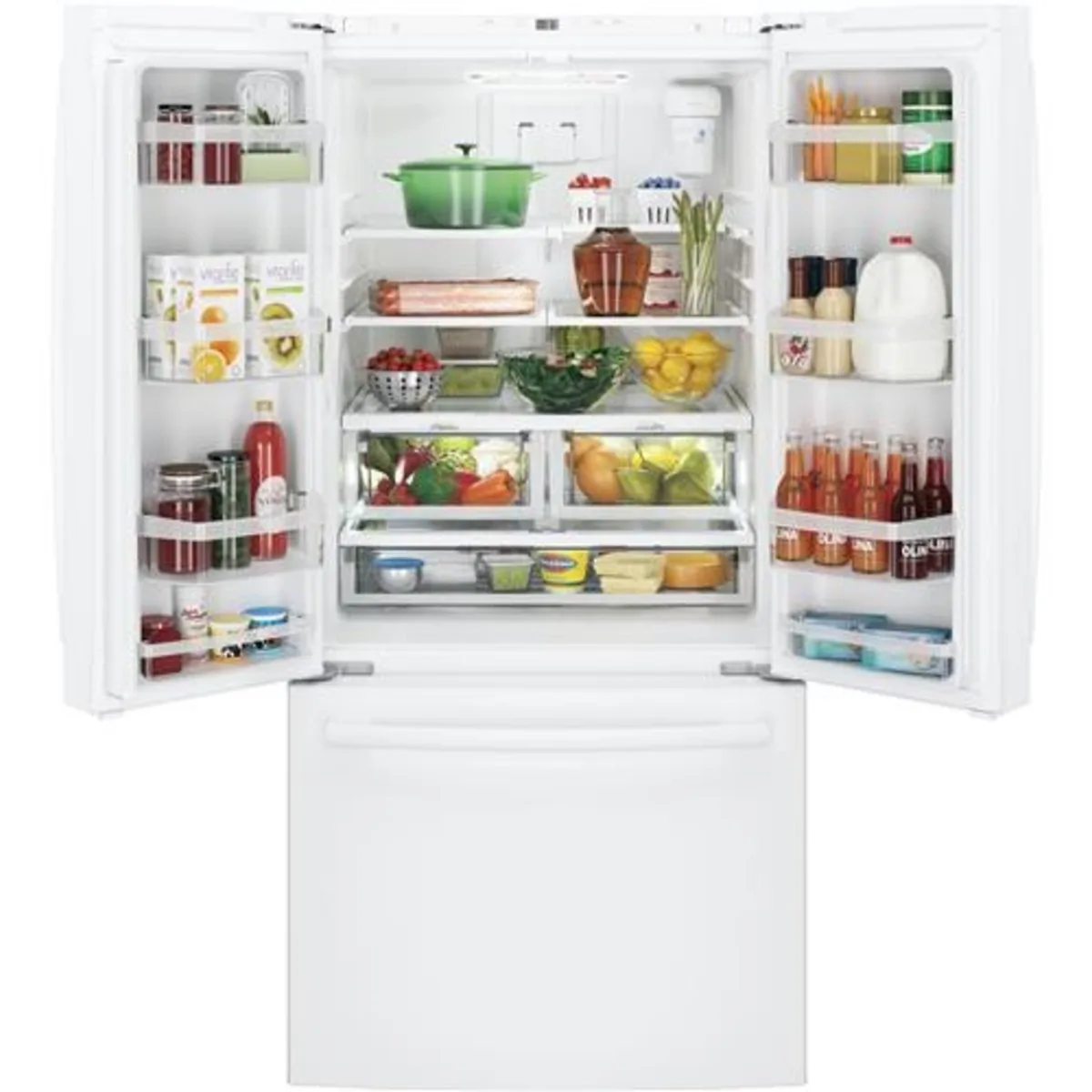 GE - GWE19JGLWW - 33 Inch Counter Depth French Door Refrigerator with 18.6 cu. ft. Capacity, Spill-Proof Shelves, Humidity-Controlled Drawers, Quick Space Shelf, Shabbos Mode, Icemaker, Internal Water Dispenser, Advanced Water Filtration