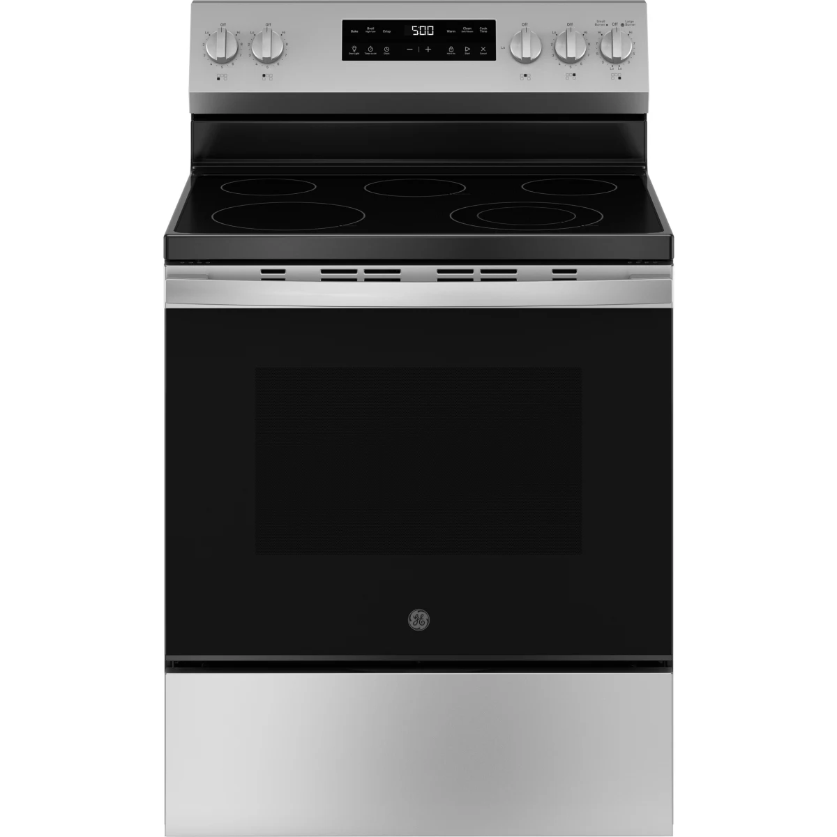 GE - 500 - Series  GRF500PVSS 30 Inch Freestanding Electric Range with 5 Smoothtop Elements, 5.3 cu. ft. Oven Capacity, Power Boil™ Burner, Warming Zone, Storage Drawer, Crisp Mode, Enhanced Shabbos Mode Built In, and Self & Steam Clean: Stainless Steel