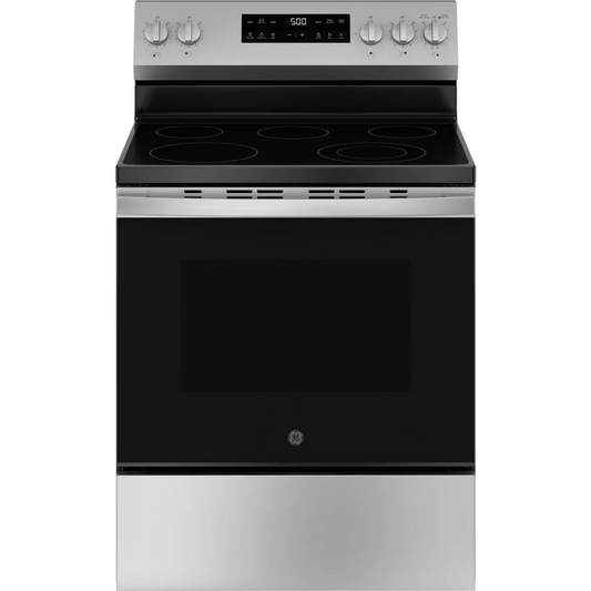 GE - 500 - Series  GRF500PVSS 30 Inch Freestanding Electric Range with 5 Smoothtop Elements, 5.3 cu. ft. Oven Capacity, Power Boil™ Burner, Warming Zone, Storage Drawer, Crisp Mode, Enhanced Shabbos Mode Built In, and Self & Steam Clean: Stainless Steel